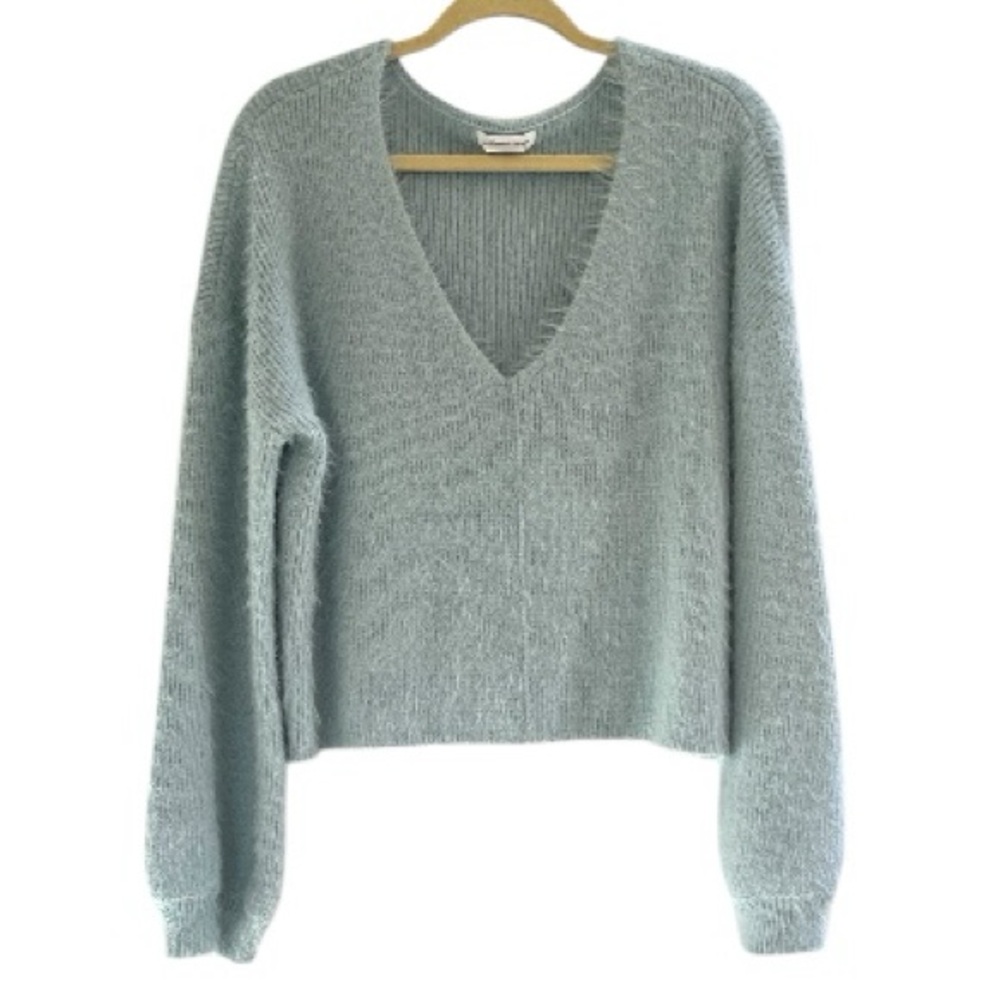 LOVERS + FRIENDS MALIA BRUSHED KNIT DEEP V NECK SWEATER BABY BLUE SIZE MEDIUM